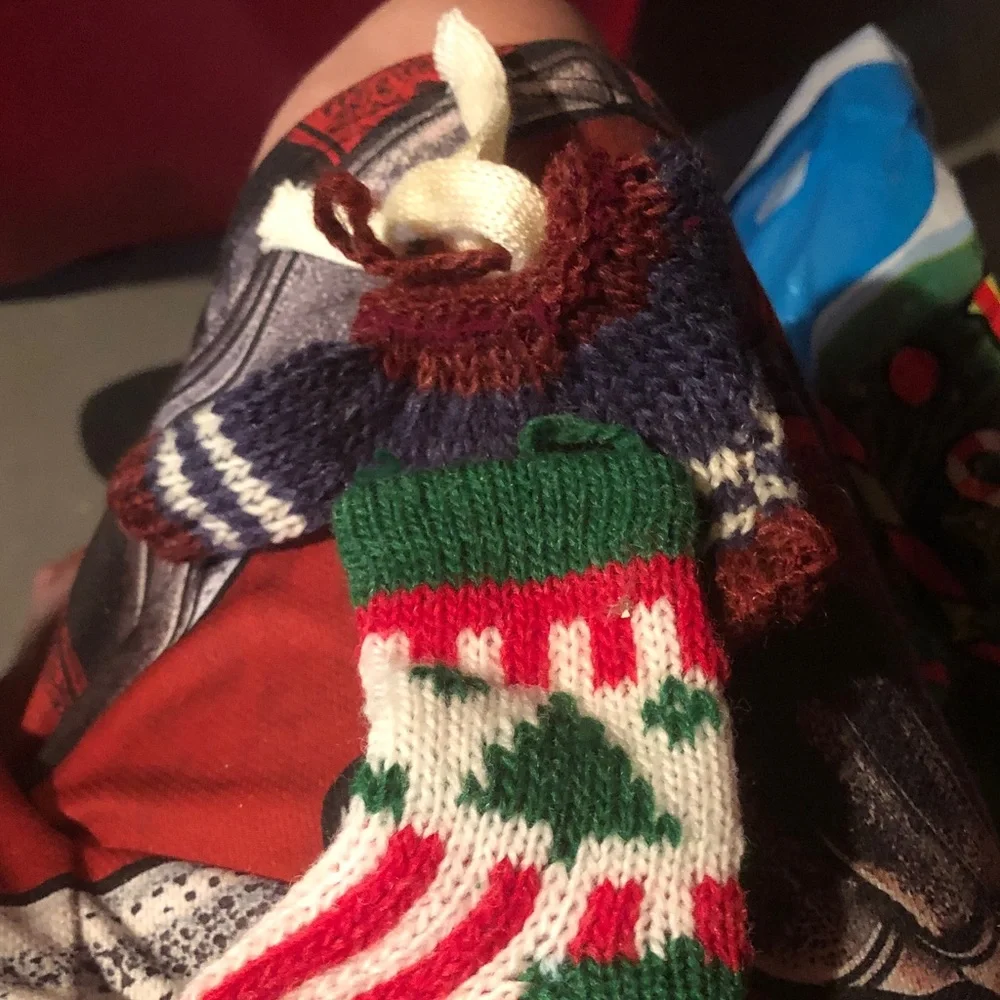 Handmade Mini Holiday Sweater and Stocking Set - Green, Red, White